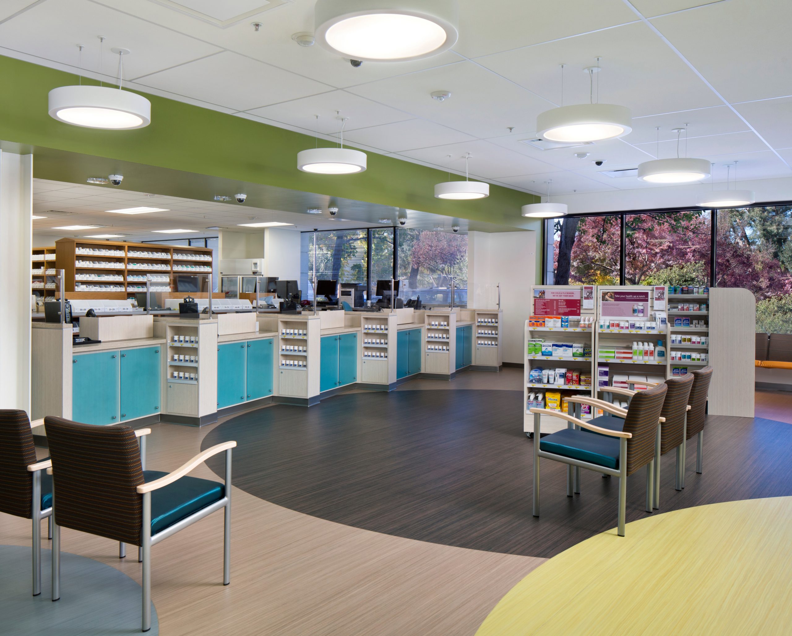 a store with shelves and chairs