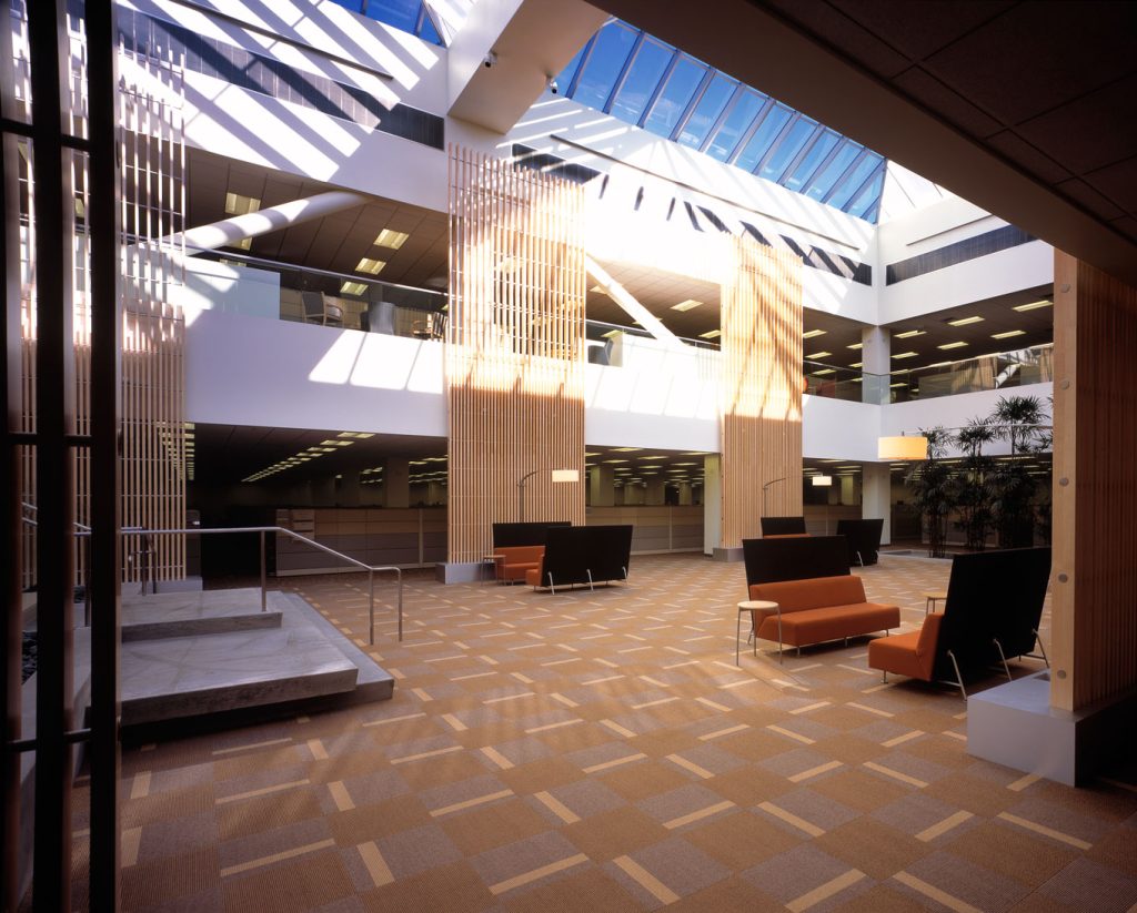 a large room with a glass ceiling