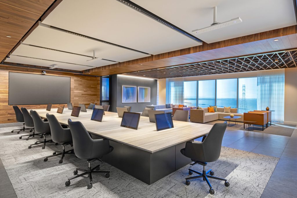 an empty office with several computers