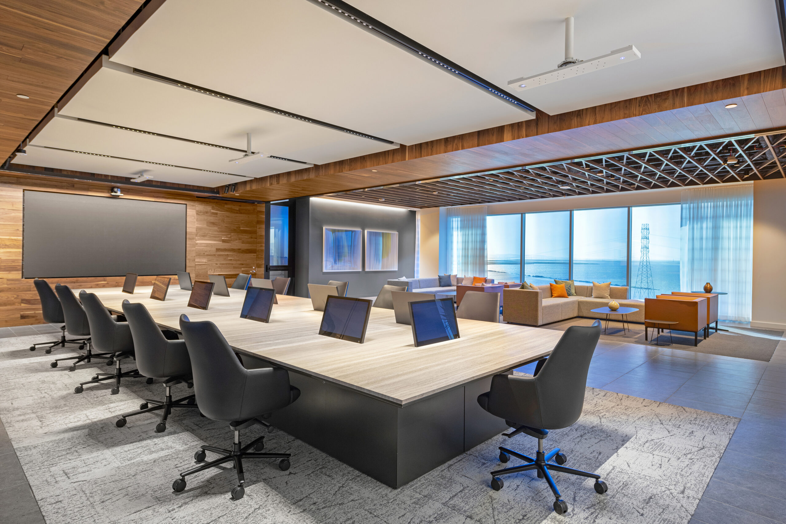 an empty office with several computers