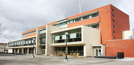 a building with a parking lot