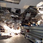 A view of the collapsed roof from inside the building.