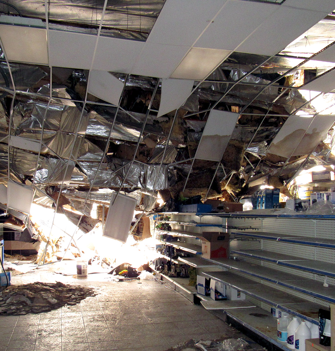 A view of the collapsed roof from inside the building.