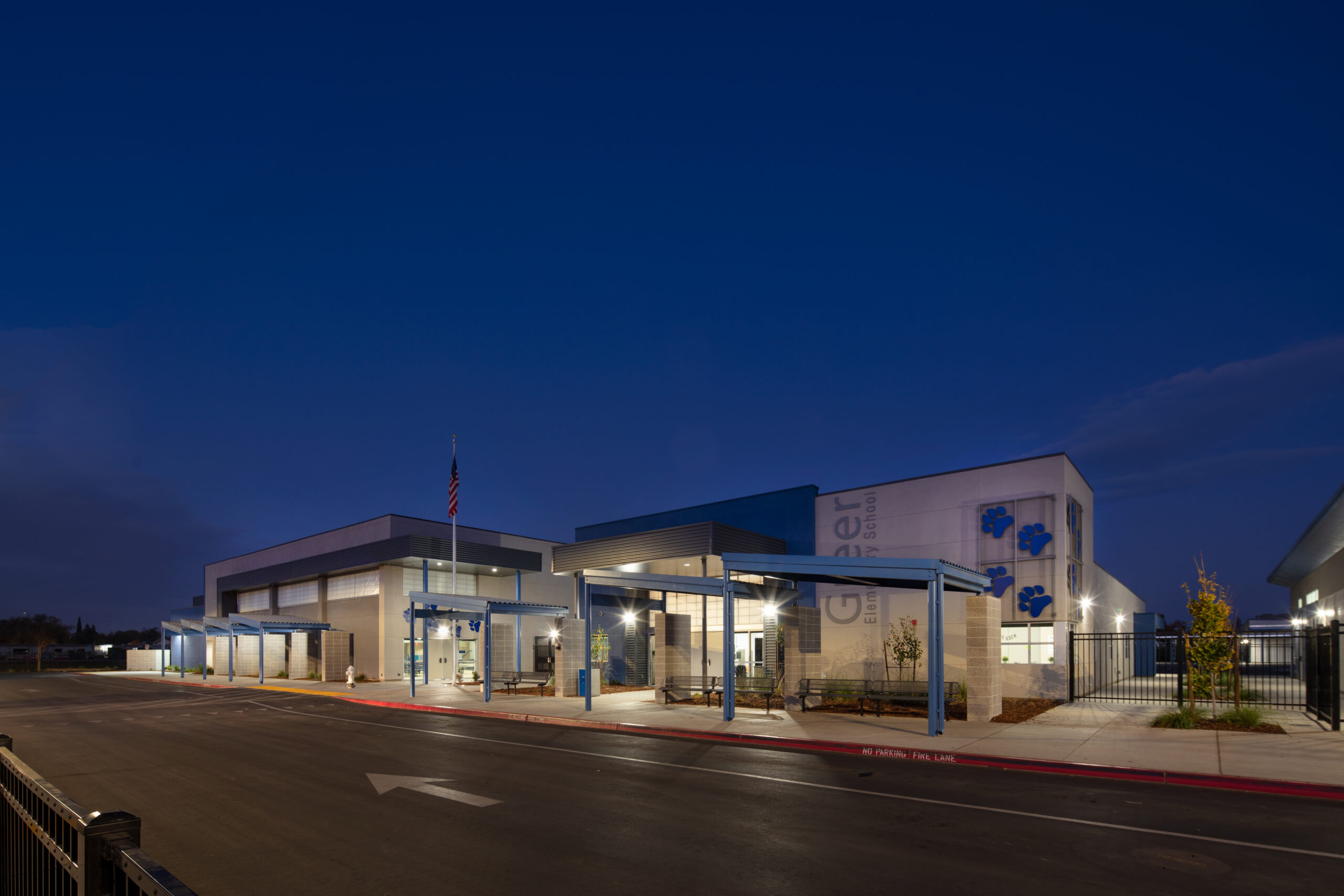 a building with lights on at night