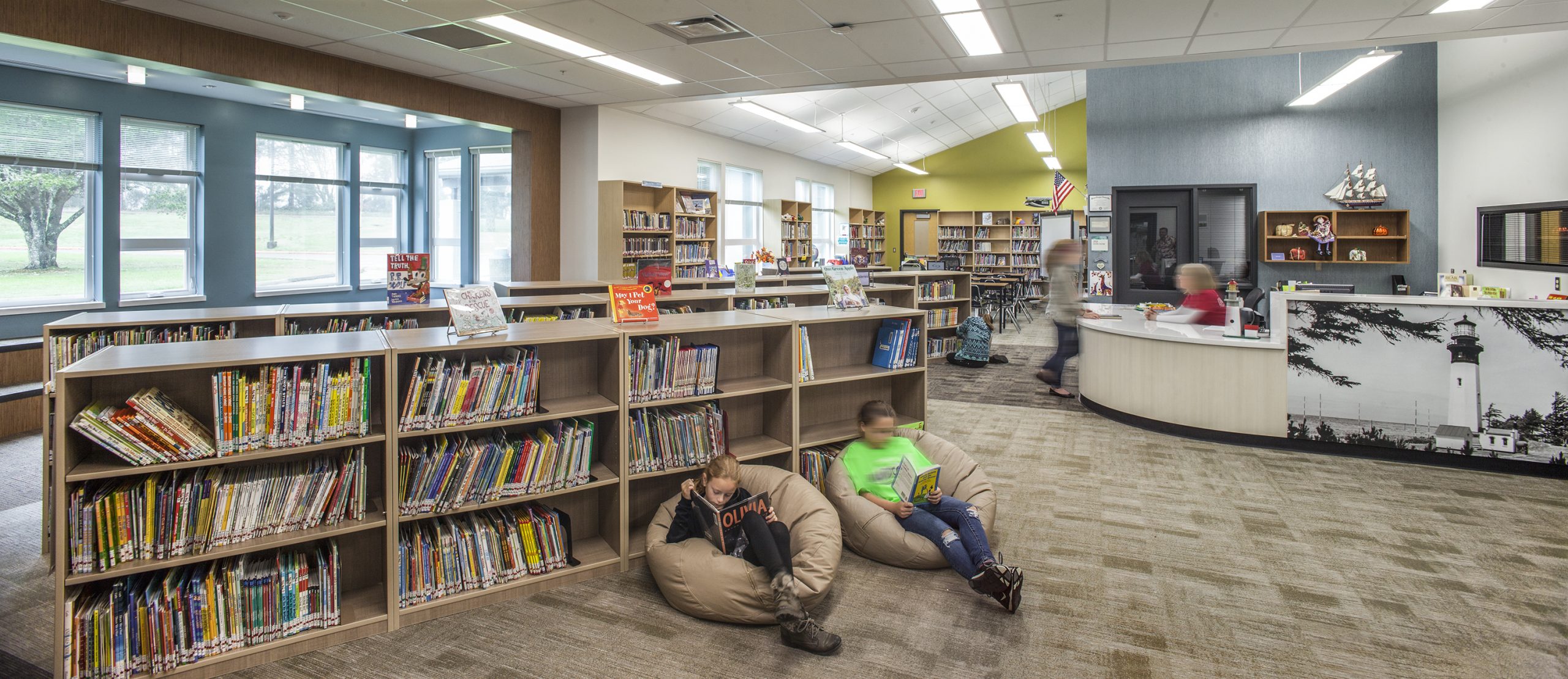 a group of people in a library