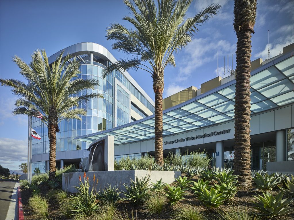 a building with palm trees